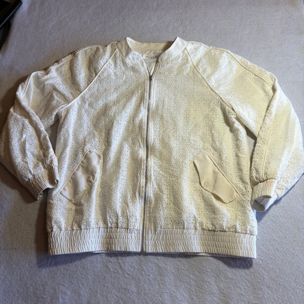EQUIPMENT FEMME White Eyelet Bomber Jacket Full Zip Light Layer Sz L G